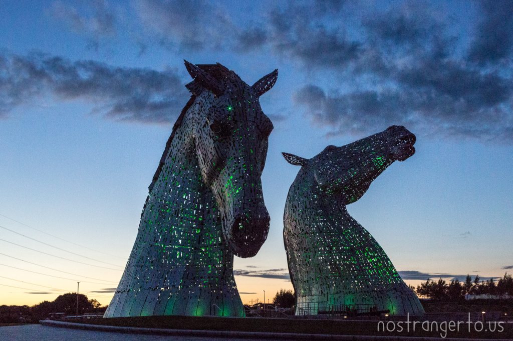 The Kelpies in Falkirk, Scotland at sunset.